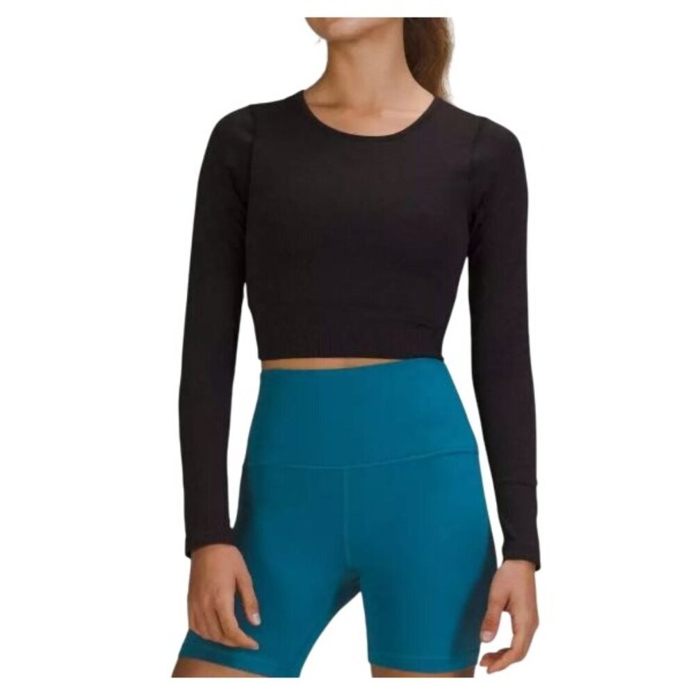 Lululemon Black Ribbed Long-Sleeve Cropped Top Womens Size 12 Nylon & Elastane S